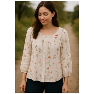 H&M Linen Floral Button Front Blouse XXL Cottagecore Top